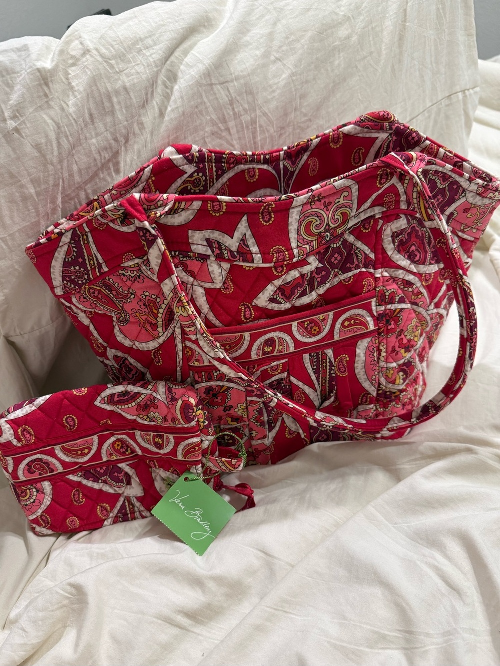 Vera Bradley Pink Paisley Quilted Tote Bag & Matching Zip Cosmetic Pouch Set